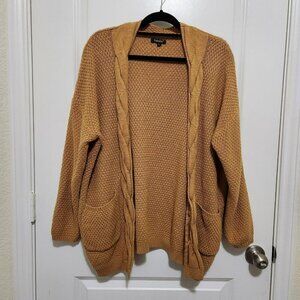 Traleubie Women's L Open Front Cardigan Sweater Mustard Yellow Cable Detail